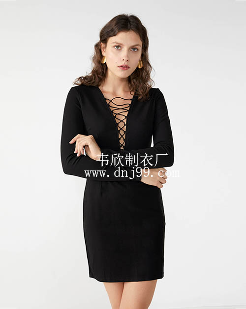 V领长袖网格连衣裙 (2).jpg